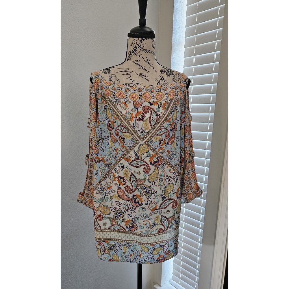 Figueroa‎ And Flower Top Womens 2x Multicolor Paisley Cold Shoulder Boho Boxy